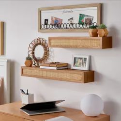 Natural Wood Floating Wall Shelves with Rattan Caning Detail (Set of 2)