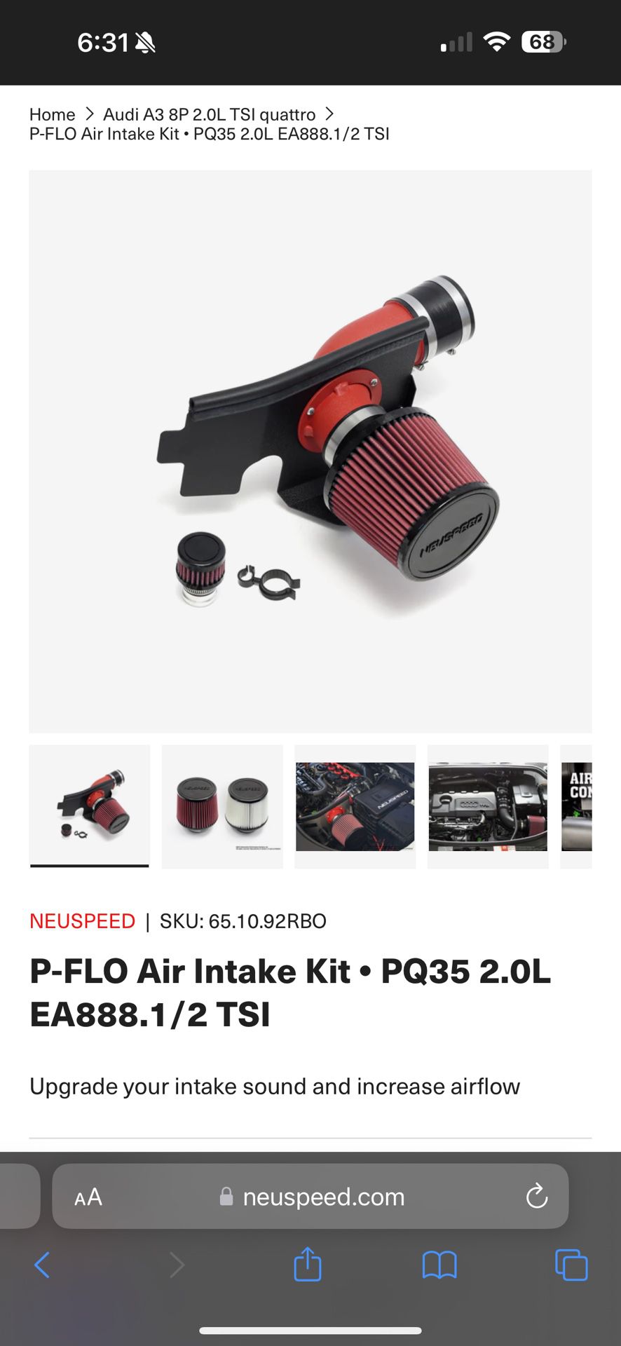 Cold Air Intake Neuspeed P-FLO Air Intake Kit For Audi & Volkswagen• PQ35 2.0L EA888.1/2 TSI