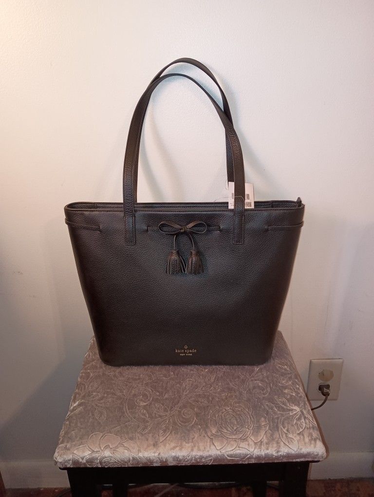 NWT, Kate Spade Black Pebbled Leather Tote Bag with Bow Detail WKRU6244