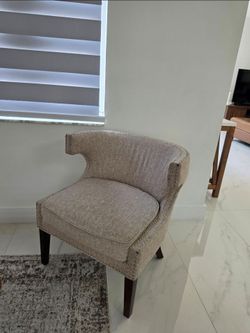 PAIR (2) Beige Tweed Barrel Accent Chairs w/ Nailhead Trim