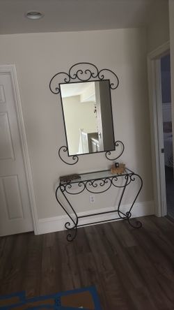 Rod iron mirror and console table