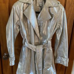 Chico’s Silver Leather Jacket Belted Size 1 Preowned