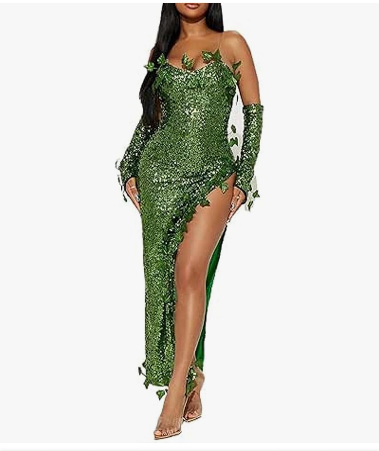 Ivy Fairy Costume Fake Leaves Sleeveless Sequin Bodycon Maxi Dress With Gloves Cosplay Party