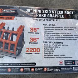 35” Mini Skid Steer Root Rake Grapple 
