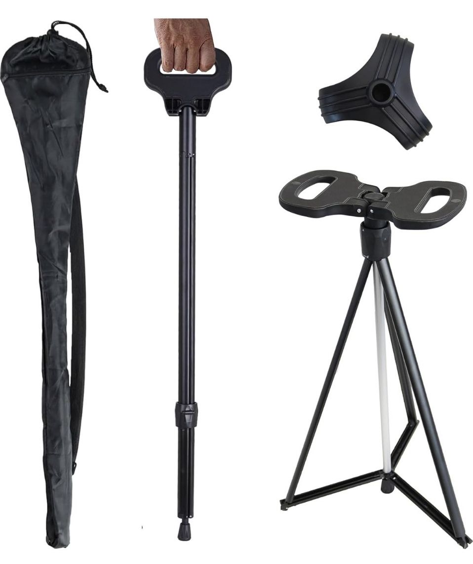Cane with Seat, Walking Stick with Seat for Men & Women, Adjustable, Foldable, Lightweight Sturdy Tripod Cane Mobility Aid Crutch Chair with Travel Ba