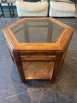 Mid-Century Modern Hexagonal Wood End Table with Glass Top