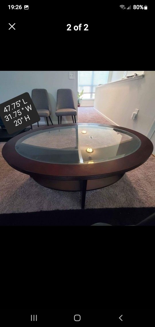 Coffee Table (Wooden Legs/shelves and Glass Top
