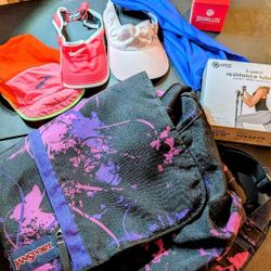 Gym bag, hats, resistance bands, cooling rag and Boxballen training game