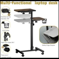 Laptop Table 32 Inch Adjustable Height Overbed Table Rolling Desk with 360° -Black-Wood