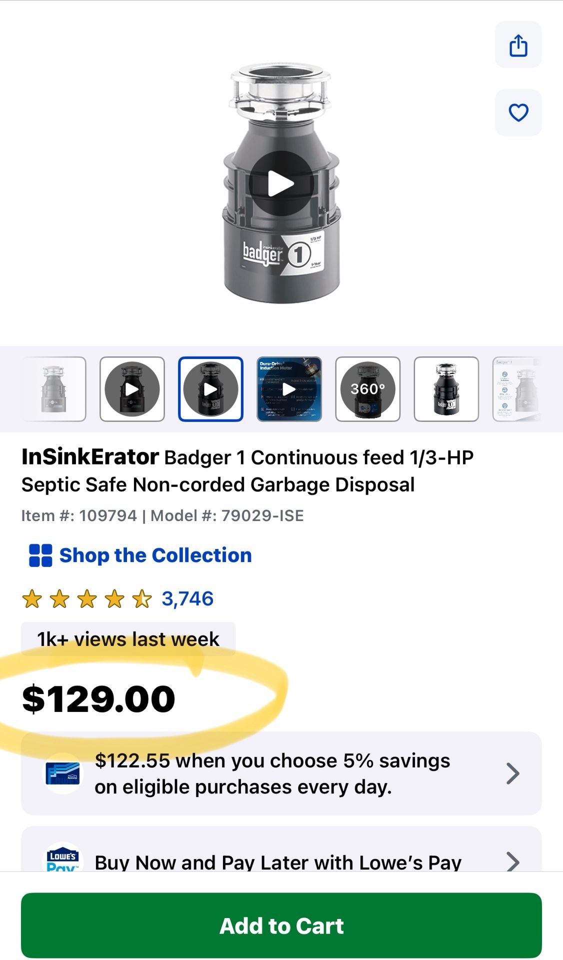 Insinkerator Badger 1 Continuous Feed 1/3-HP Septic Safe Non-corded Garbage Disposal