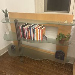 Modern Glass & Wood Bookshelf – 4.5ft Glass Shelves, Wavy Design