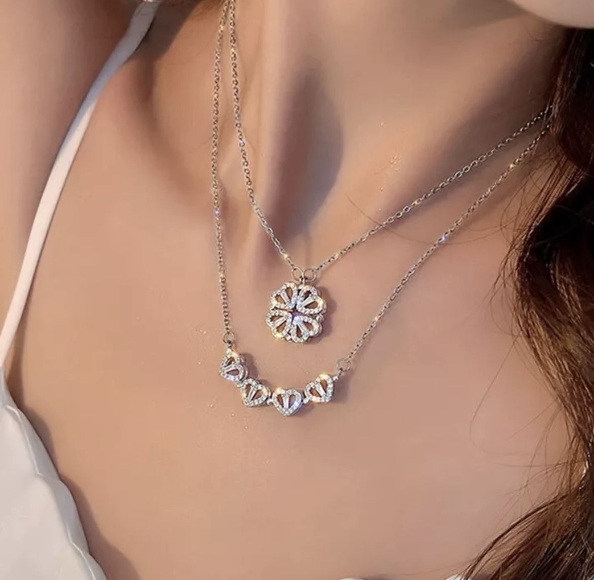 Four Leaf Clover Necklace Silver Open Convertible Small Heart Pendant Necklace
