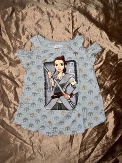 Star Wars Kids Grey Gold Cold Shoulder Cotton Fierce Rey Print T Shirt Sz  Mediu