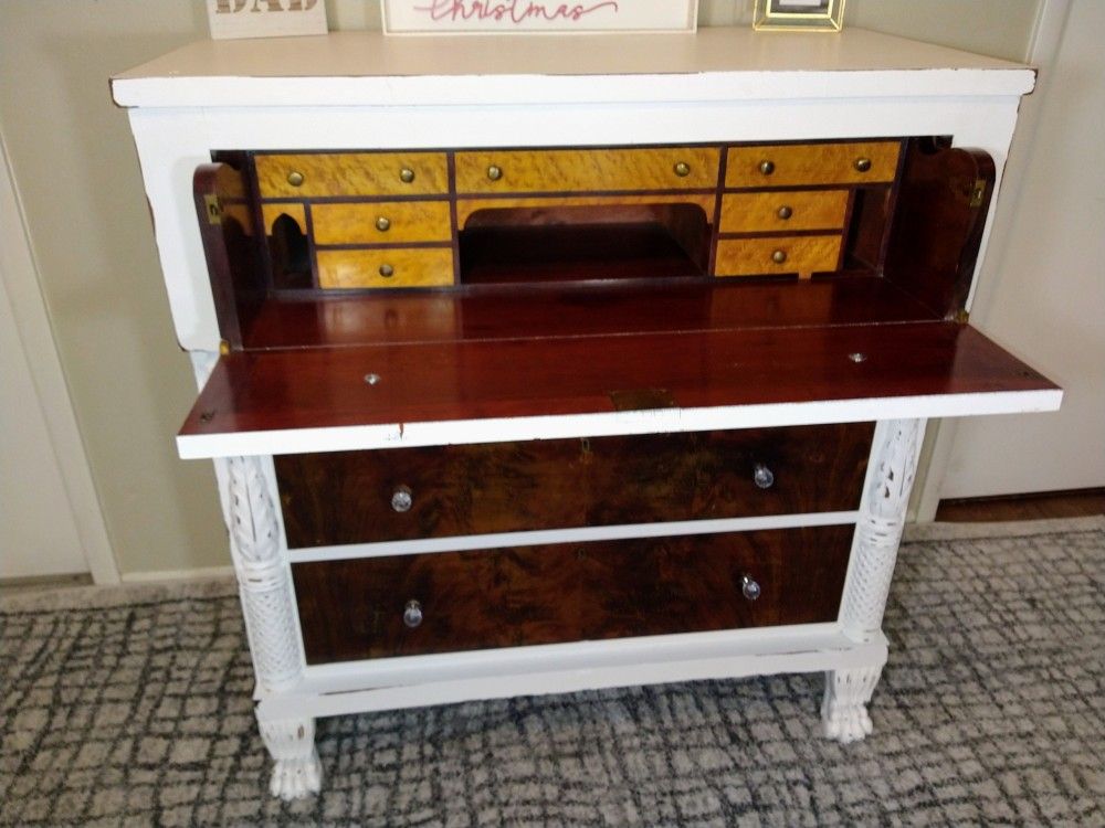 One Of A Kind Secretary Desk Refinished In Bright White With Tiger Wood Drawers