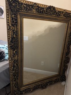 Vintage,Rococo Style Heavy Ornate Gold Framed  Mirror Beloved Edge Glass 60”x65