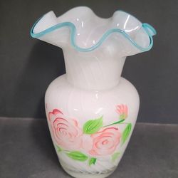 Beautiful Vintage Fenton Tellfloria Handpainted Vase 