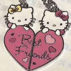 Brand New Sanrio 2pcs Sanrio Hello Kitty Best Friend Heart Pendant Necklace Set, Suitable For Teens And Adults, Friendship Jewelry With Chain, Per