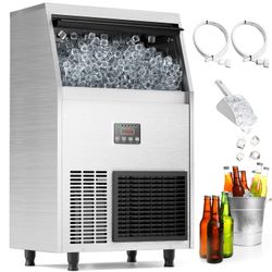 Coolake Commercial Ice Maker Machine 100lbs/24H Under Counter Ice Machine with 33lbs Ice Storage, 115V Air Cooled Stainless Steel Freestanding Ice Mac