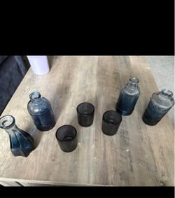 Blue Glass Bud Vases and Votive Candle Set