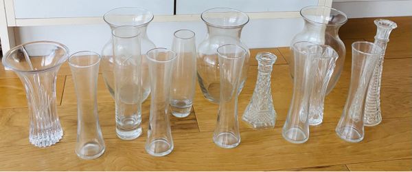 14 Glass vases, 6”, 8”, 9” tall. Buy all for $45 or message for individual prices.