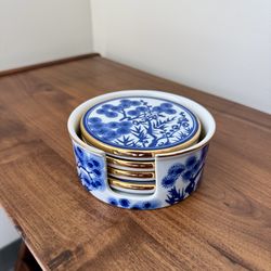 Williams-Sonoma Chinoiserie Ceramic Coasters with Holder, Blue and White