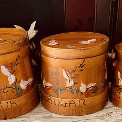 Vintage Collectable Marked Maker Wood 3pc Canister Set.