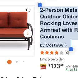 2-Person Metal Outdoor Glider Bench Rocking Loveseat Armrest with Red Cushions by Costway