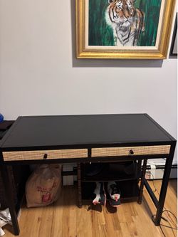 Black Wood Desk with Woven Rattan Cane Drawer Fronts, 2-Drawer
