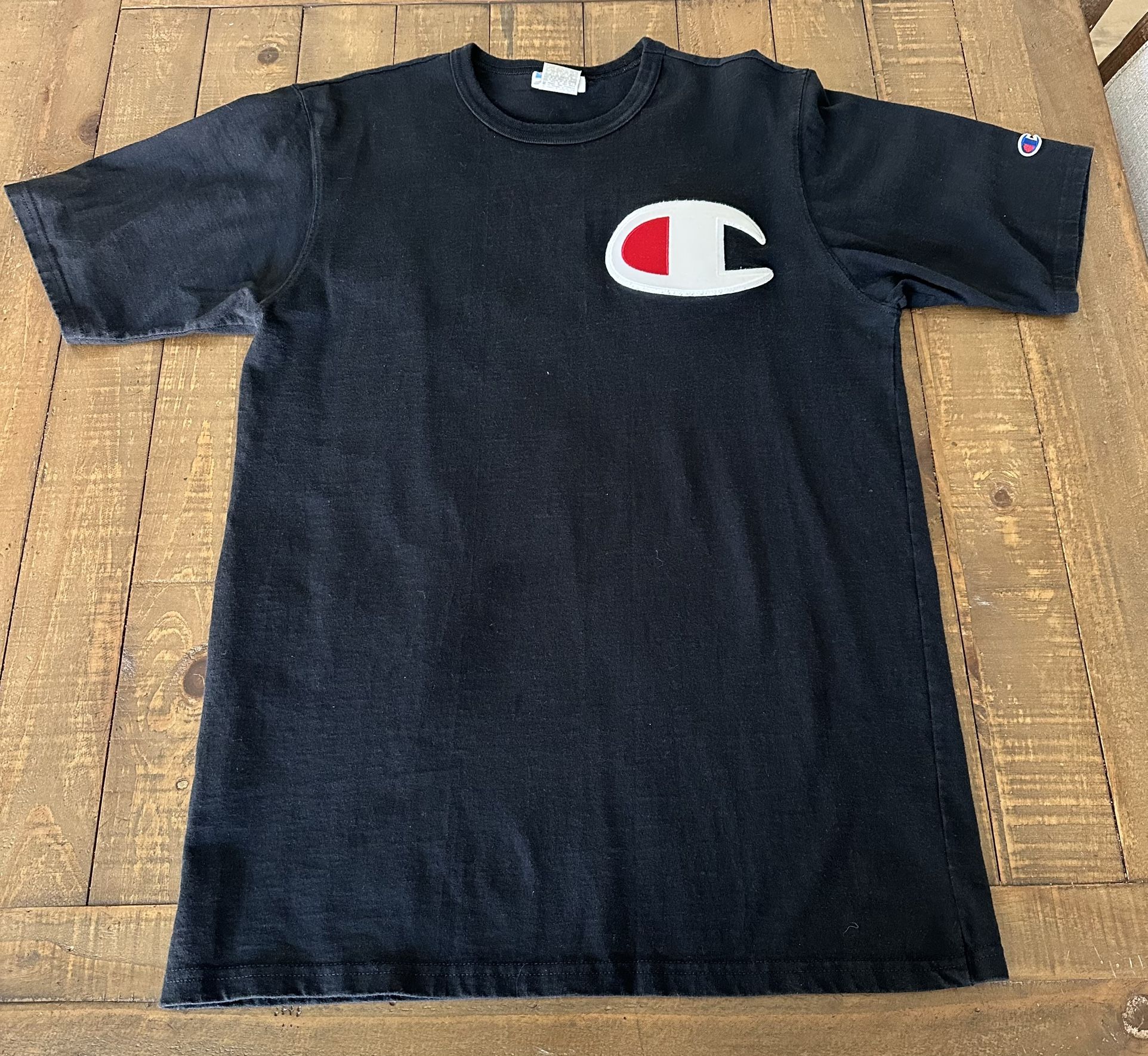 Champion Big C Logo Black T Shirt Embroidered Streetwear Tee Mens  Large