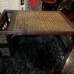 Vintage Rattan &Bamboo Bed Tray Or Lap Desk with Dark Finish and Green Woven Trim 26"×15"×11.5"