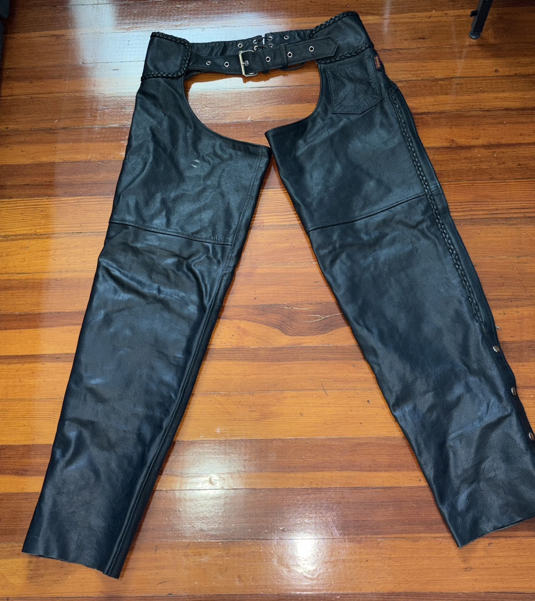 Black Leather Motorcycle Chaps – Great Condition – Adjustable Waist