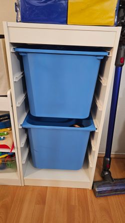 2 IKEA TROFAST White Toy Storage Units with Blue Bins