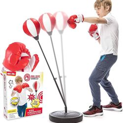 Whoobli Punching Bag for Kids Incl Boxing Gloves | 3-10 Years Old Adjustable Kids Punching Bag with Stand | Boxing Bag Set Toy for Boys & Girls (Red W