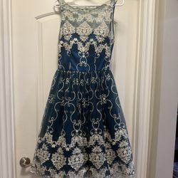 Blue Embroidered Tea Length Dress Size 4