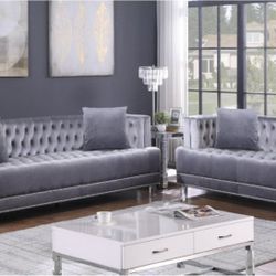 BRAND NEW 2pc Grey Velvet Sofa Set