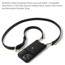 Bandolier Hailey Crossbody Phone Case and Wallet - Compatible with iPhone 15 Pro Max Genuine Pebbled Black Leather with Pocket and Removable Shoulder 