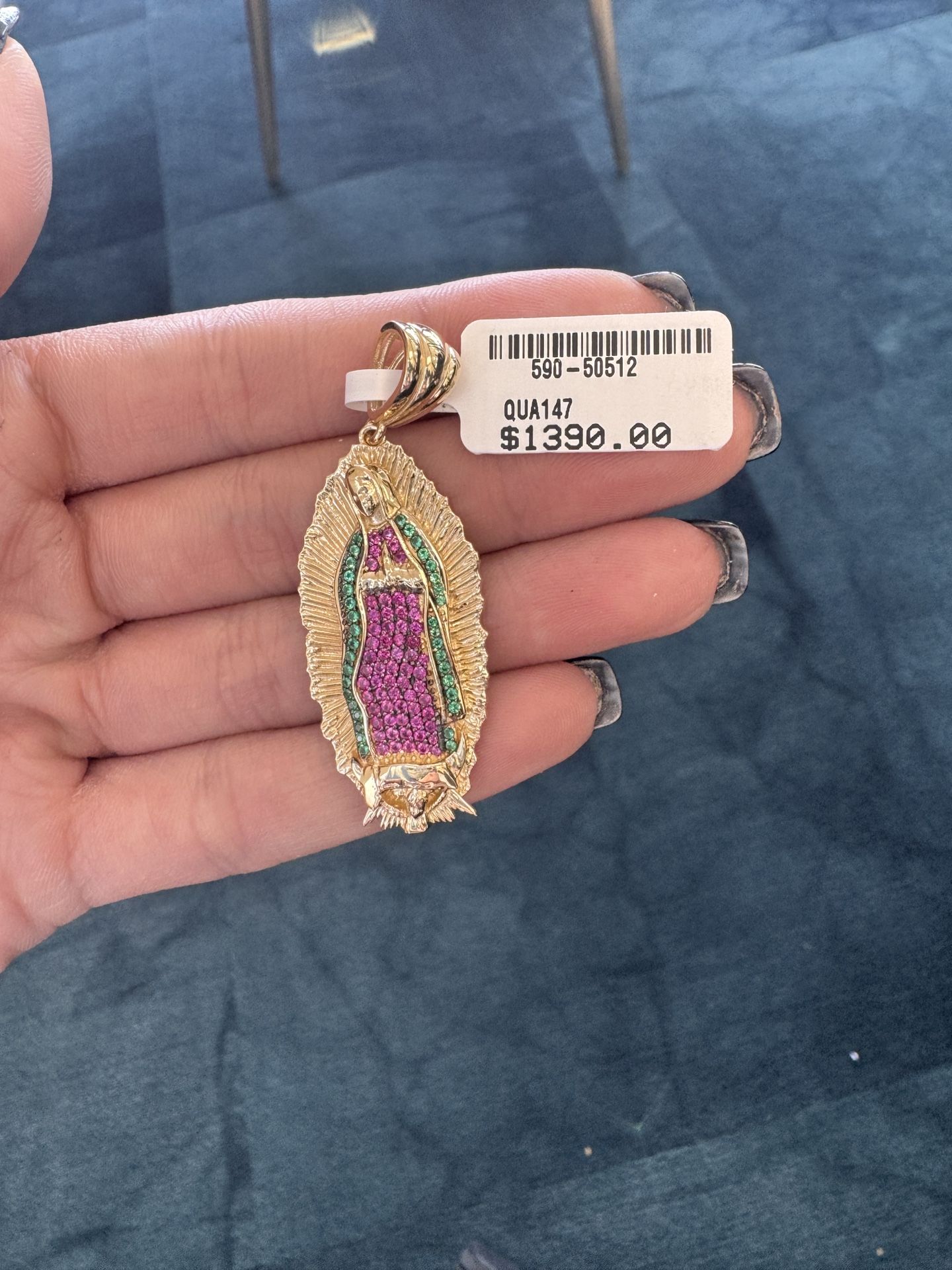 14K VIRGIN GUADALUPE MULTI COLORED CZ STONE PENDANT