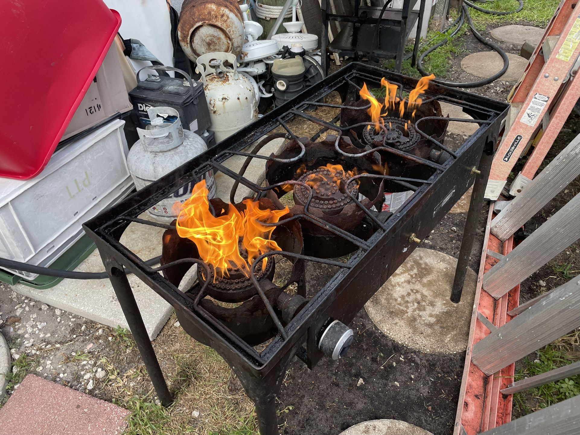 3 propane burner open burner fryer. I also have two tanks I can throw in $50 for everything.