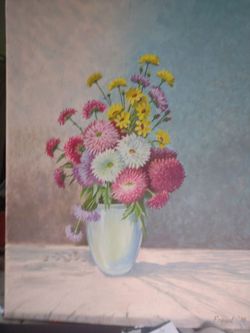 Florero flower base acrylic painting 18x24" by Fread 70's, vintage