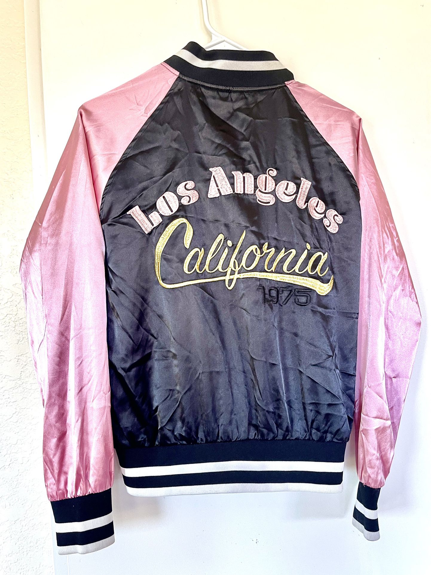 Say What? Juniors Black Pink Satin Feel Varsity Jacket Los Angeles California M