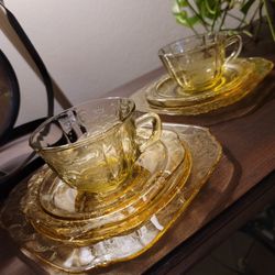 Vintage Madrid Amber Teacup And Saucers Plus Luncheon Plates