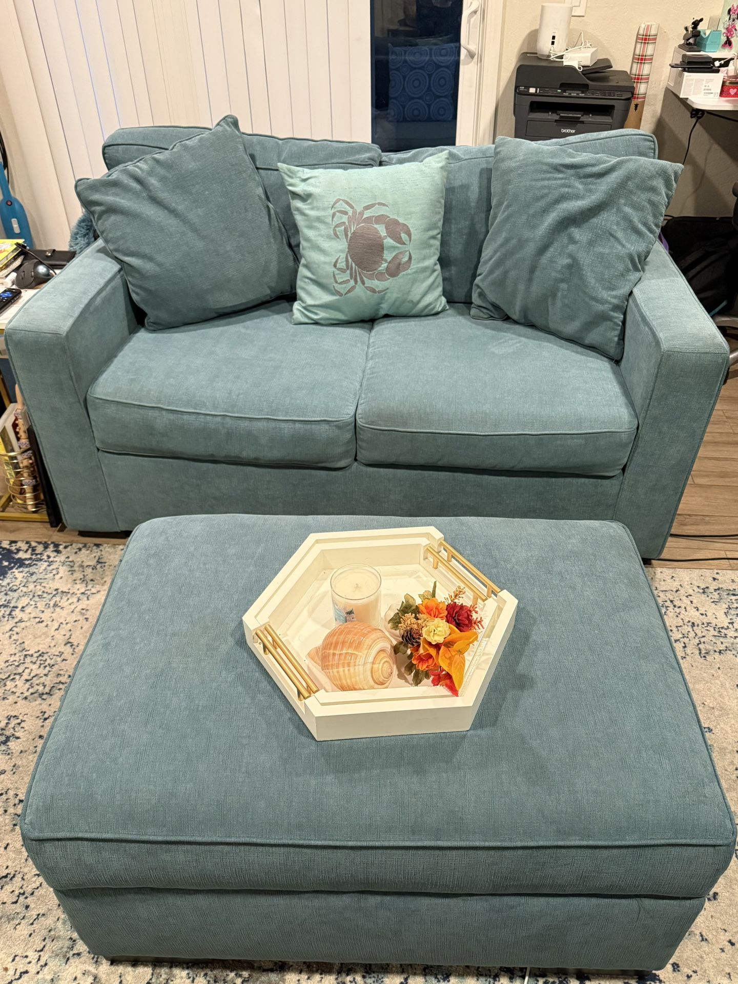 Teal Love Seat & Storage Ottoman