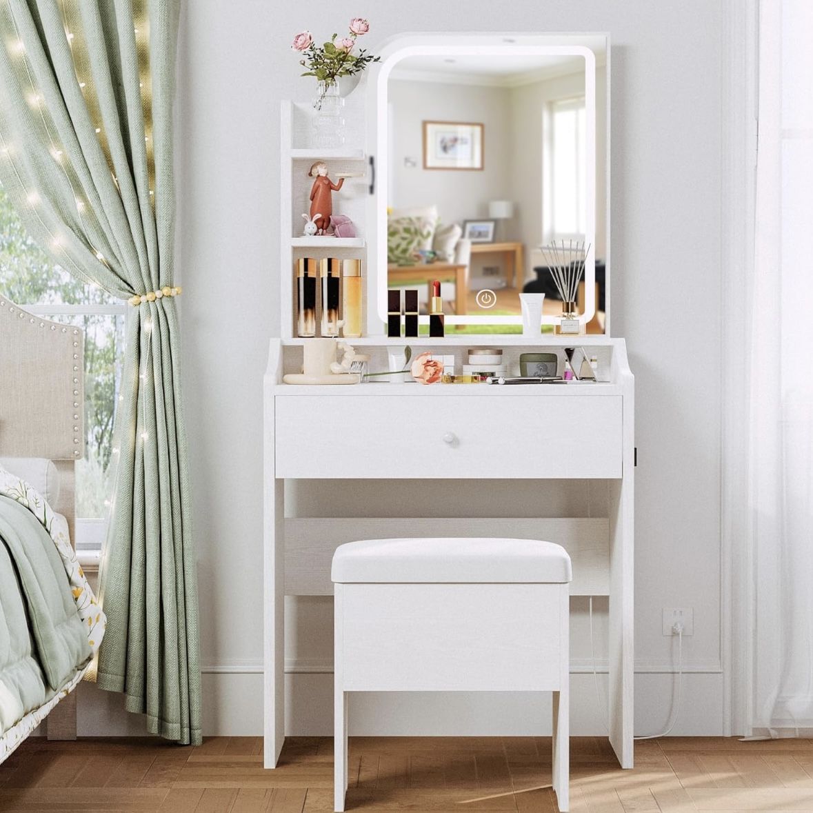 Pre-Assembled White Vanity w/Storage Chair and Light Up Mirror