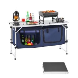  Camping Kitchen Table, Folding Outdoor Cooking Table, 3 Adjustable Height, Aluminum Lightweight Portable Cook Station with Storage Organizer, Carry H