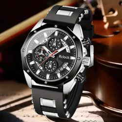 4-Pcs Stylish High-End Men's Quartz Wrist Watch W/Date Display & Metal accents, Cross Pendant+Bracelet+Ring