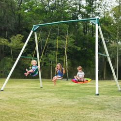 Hapfan 9.5ft Tall Backyard Swing Set for Kids and Adults with Saucer Swing, 2 Belt Swings Brand New still in the box B669