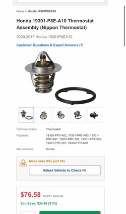 Honda 19301-P8E-A10 Thermostat Assembly (Nippon Thermostat) 2000-2017 Honda 19301P8EA10
