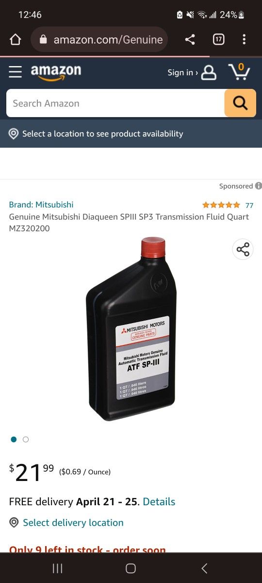 Genuine Mitsubishi Diaqueen SPIII SP3 Transmission Fluid Quart MZ320200