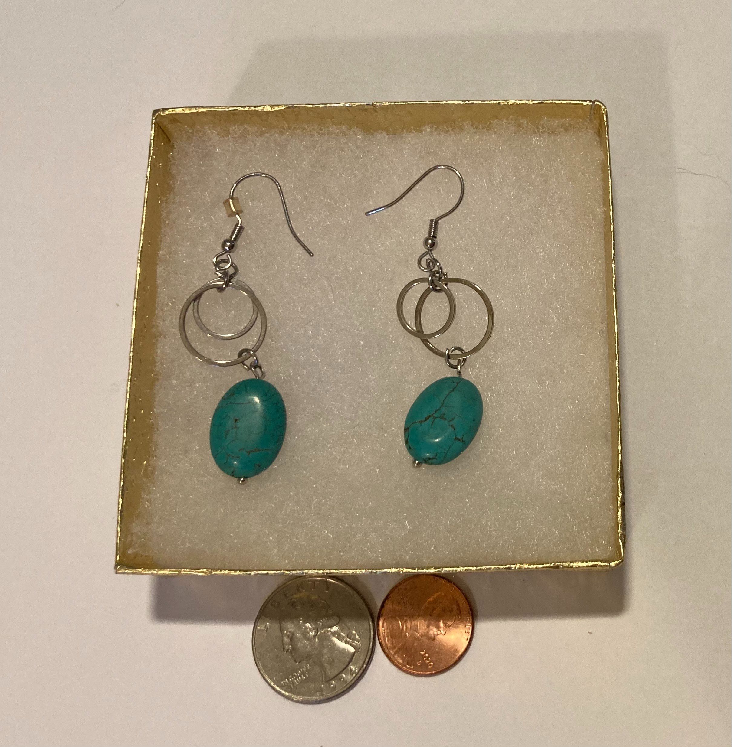 Vintage Set of Nice Blue Oval Turquoise Stone Earrings, Silver, Dangle, Quality, Jewelry, Accessory, Clothing, Necklace, Charm, Bracelet
