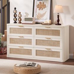 Rattan 6 Drawer Dresser for Bedroom, 54" Wide Gray white